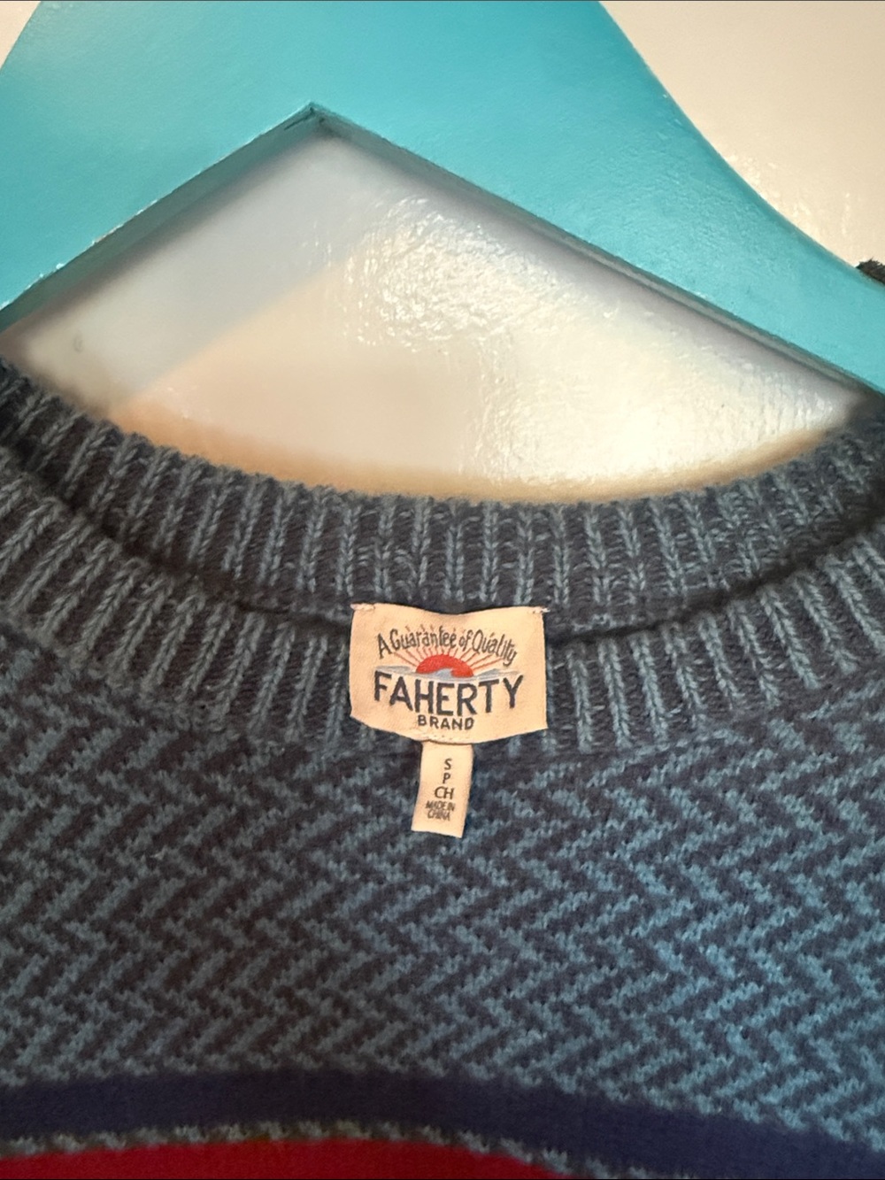Faherty Men's Teal and Navy Herringbone Crewneck Sweater